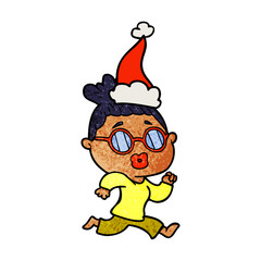 textured cartoon of a woman wearing spectacles wearing santa hat