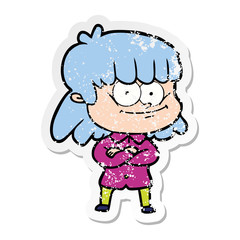 distressed sticker of a cartoon smiling woman