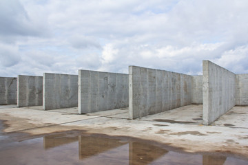 Reinforced concrete construction at the construction site. Concrete structure. 