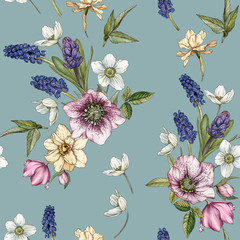 Fototapety  Floral seamless pattern with watercolor narcissus, muscari and hellebore on the blue