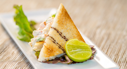 Seafood mayonnaise with toast, Appetizer. Fine Food set.