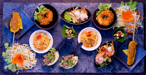 Mixed Traditional Thaifoods on a Stoneplate, Fining Dining, Thailand