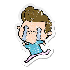 distressed sticker of a cartoon man crying