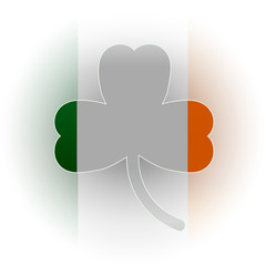 St.Patrick 's Day. Holiday. Celebration. Magic Clover trefoil. Ireland flag. Image of Clover on misted glass under the flag of Ireland.
