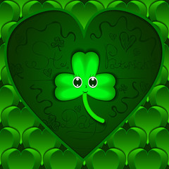 Holiday. Lettering St.Patrick's Day. Celebration. Cute clover in heart. Hearts. Ireland Clover trefoil. Illustration.
