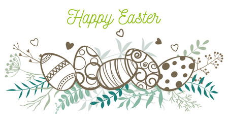 Happy Easter. Easter eggs, twigs, wild grasses and flowers.