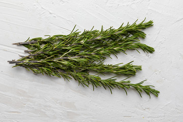 Branches of fresh rosemary and green. On white textured background.