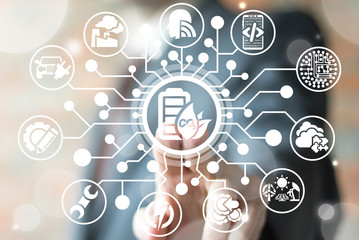 Man uses on a virtual screen of the future touching the icon: battery co2 leaf. Renewable...