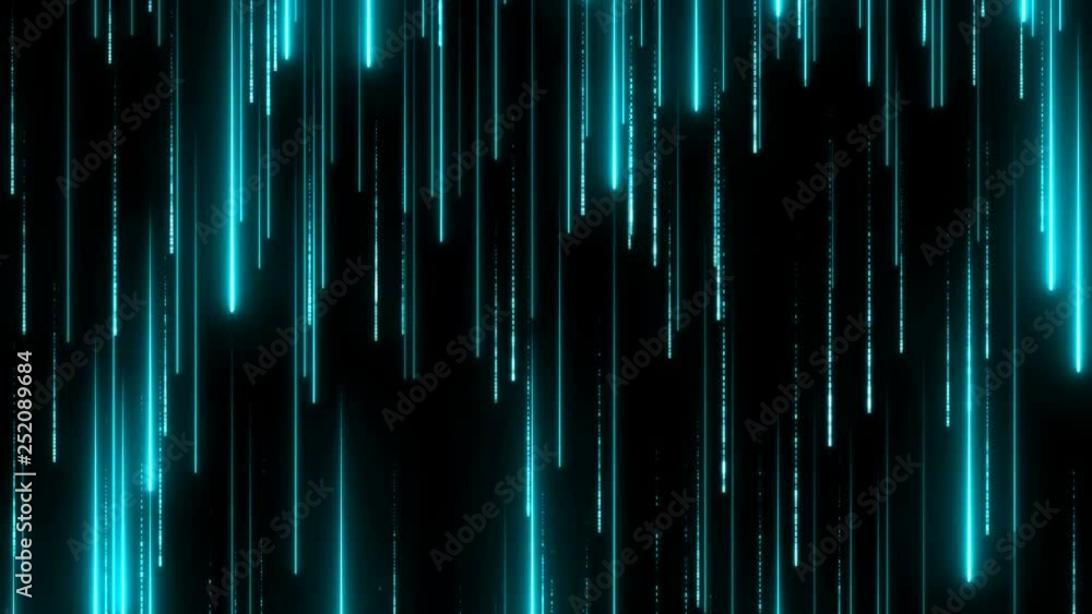 Poster bright blue beams moving down. glitter neon particles. digital data flow. futuristic space. informat