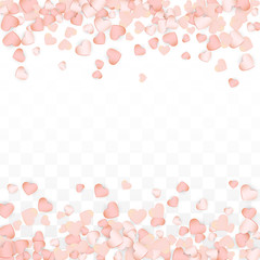Love Hearts Confetti Falling Background. St. Valentine's Day pattern Romantic Scattered Hearts. Vector Illustration for Cards, Banners, Posters, Flyers for Wedding, Anniversary, Birthday Party, Sales.
