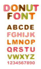 Donuts decorative english font. Glazed letters and numbers. Cute design. 3D illustration