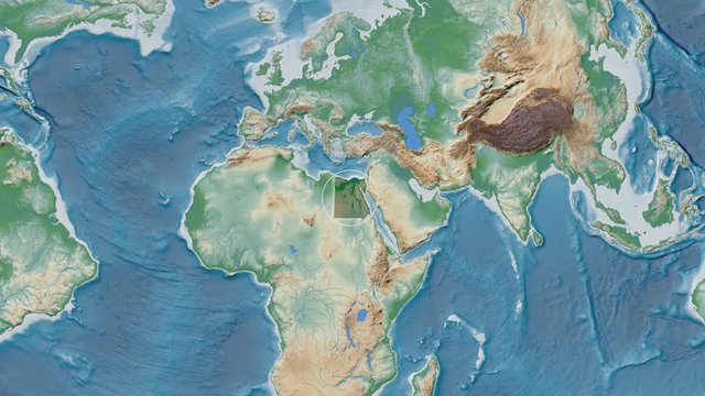 Egypt area presented against the global physical map in the Kavrayskiy VII projection with animated oblique transformation