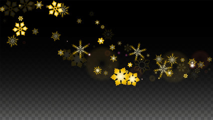 Christmas  Vector Background with Gold Falling Snowflakes Isolated on Transparent Background. Realistic Snow Sparkle Pattern. Snowfall Overlay Print. Winter Sky. Design for Party Invitation.