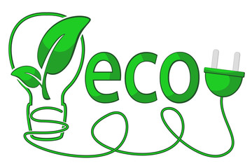 Eco energy, light bulb silhouette with green leaf and fork on a white.