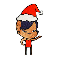 cute textured cartoon of a girl with hipster haircut wearing santa hat