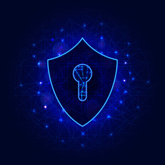Naklejka na ściany i meble Shield with keyhole on abstract polygonal background. Cyber data online security concept. Vector illustration