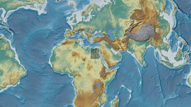 Egypt area presented against the global relief map in the Kavrayskiy VII projection with animated oblique transformation