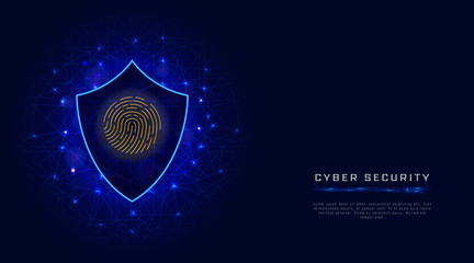 Cyber security concept. Shield with fingerprint scan. Cloud data protection banner template on abstract geometric background. Vector illustration