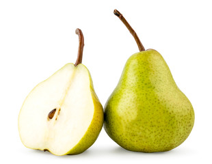 Green pear and half close - up on a white. Isolated.