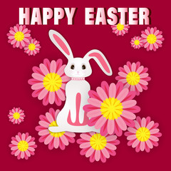 Happy Easter web banner. Card with a pink Easter bunny, rabbit made of white paper against a burgundy background with decorative flowers. Vector illustration.