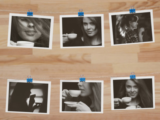 photographs hanging on a linen thread on stationery clips on a a blurred wooden background, the theme of coffee drink, girl advertises beverage, home and food cafeteria design