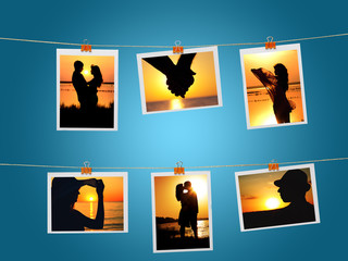 photographs of pleasant memories hanging on a linen thread on stationery clips on a blue background, the theme of love, travel, summer,relaxation, relaxation, home decor