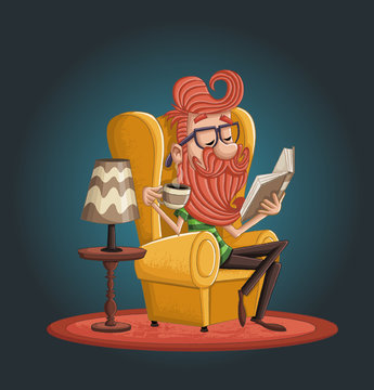 Cartoon bearded hipster man reading book and drinking coffee.