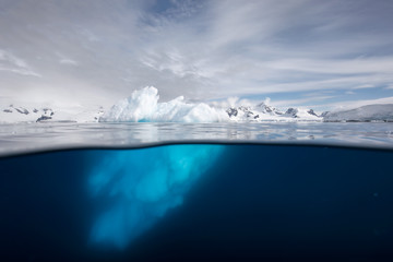 Split view of iceberg above and underwater