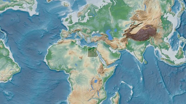Egypt area presented against the global physical map in the Patterson Cylindrical projection with animated oblique transformation