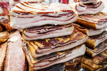 Domestic Traditional Food Smoked Bacon At Local Farmers Shops