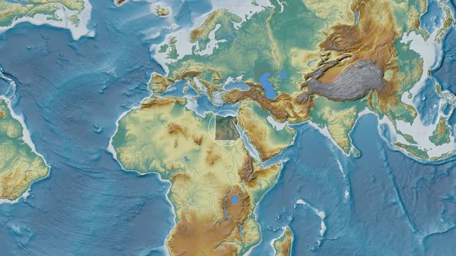 Egypt area presented against the global relief map in the Patterson Cylindrical projection with animated oblique transformation