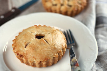 Traditional rustic homemade american  pie on white plate with fork