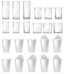 Realistic glass glasses, plastic cups, packages.