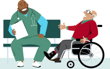 Elderly man in a wheelchair talking to a doctor or a male nurse in scrubs, EPS 8 vector illustration