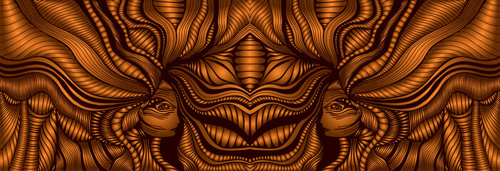 Steampunk style, vintage fantasy surreal girls background. Fantastic abstract woman waves line hair. Vector hand drawn psychedelic illustration golden metallic gradient colors.