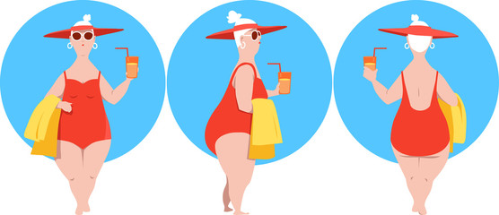 Fototapeta na wymiar Full-figured mature woman in a bathing suit and a hat, character design, front, side and rear view, EPS 8 vector illustration