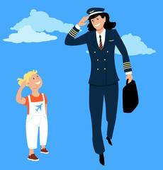 Little girl salutes to a female pilot in uniform, EPS 8 vector 