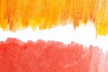 Abstract watercolor spot on white textured paper. Isolated. Hand-drawn background. Aquarelle brush stains on paper. For design, web, card, text, decoration, surfaces. Yellow and red color.