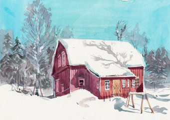 watercolor hand drawn cottage in snow