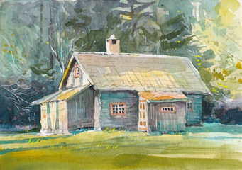 old wood cottage watercolor hand drawn