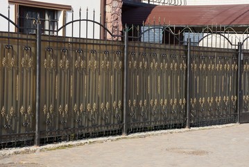 black brown metal fence with forged pattern on the street