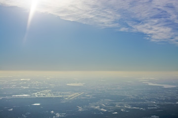 Aerial view over Arlanda airport in sunhaze