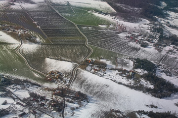 Aerial landscape snowy winter view of farmland