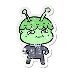 distressed sticker of a friendly cartoon spaceman