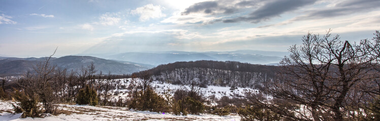 Fototapeta na wymiar Winter panorama in mountain with snow