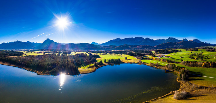 Germany, Bavaria, East Allgaeu, Fuessen region, Hopfen am See, Aerial view of Hopfensee