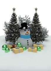 Snowdoll with green christmas trees
