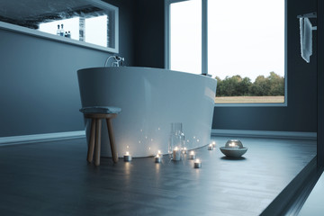 Luxuriöses Badezimmer mit freistehender Badewanne und Kerzenlichter. 3D Rendering