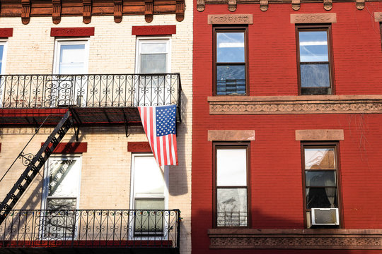 USA, New York City, Brooklyn, residential house with American flag