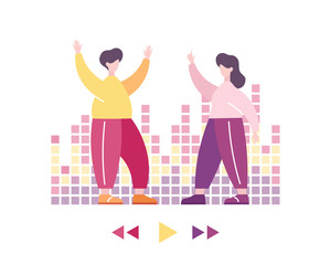 Vector illustration. Dancing people on background of equalizer, party, playlist with music.